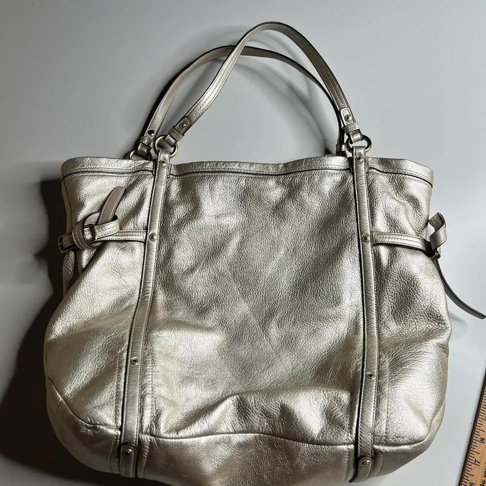 Coach Tote Bag‎ Womens Large Gold Metallic Leather Shoulder Pink Lining 17024